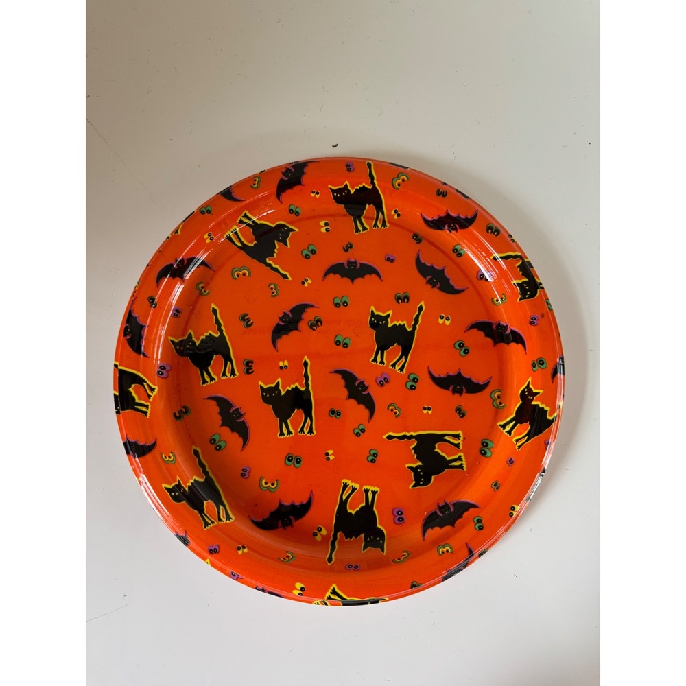 Vintage Sabert Halloween Round Serving Tray 12 Inch Black Cat Bat Orange Platter